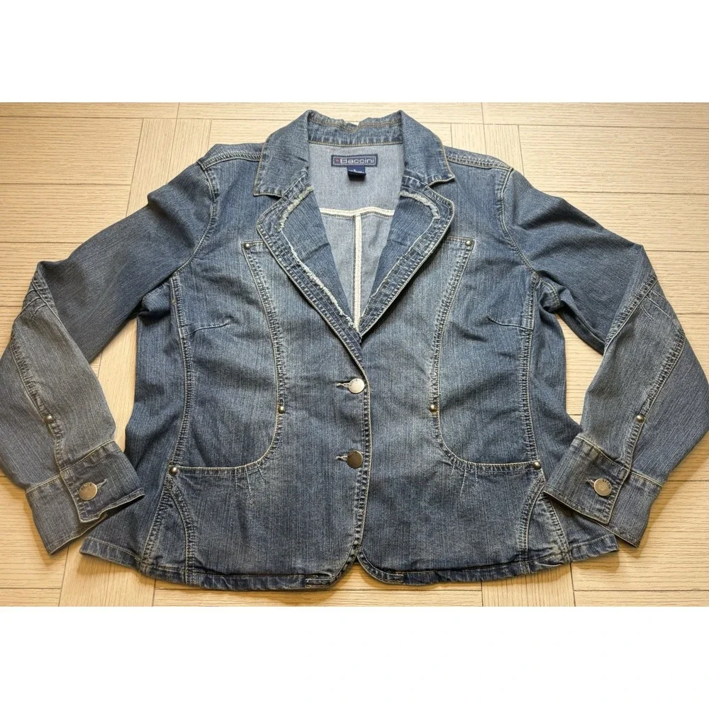 Baccini Women's Denim Jean Jacket 2 Button Blazer W/ Studs & Frayed Trim XL 90s